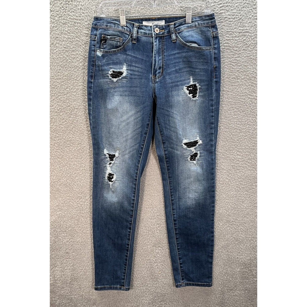 KanCan Jeans Womens 11 Blue Mid Rise Skinny Distressed Denimโ Grunge Preppy